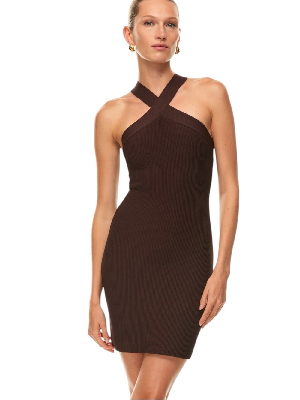 Babaton Brown Sculpt Knit Criss Cross Ribbed Mini Dress (XS)